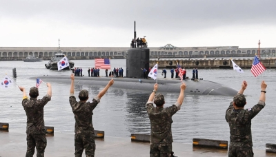 The nuclear-powered USS Annapolis submarine makes a port call at South Korea's Jeju Island on Monday. It was the second such visit by a U.S. submarine to the country in the span of about a week.