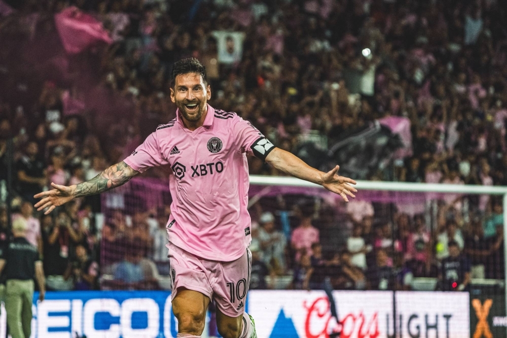 Lionel Messi celebrates after scoring in his debut for Inter Miami during a Leagues Cup match against Cruz Azul in Fort Lauderdale, Florida, on Friday.