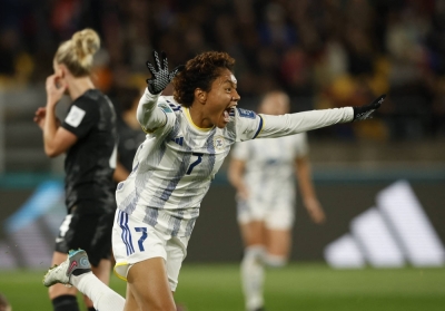 Philippines midfielder Sarina Bolden celebrates after scoring against New Zealand in their 2023 FIFA Women's World Cup group-stage match in Wellington on Tuesday.