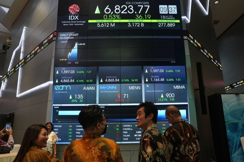 Stock prices are displayed at the Indonesia Stock Exchange in Jakarta on April 18. Indonesia’s flurry of listings this year is even more notable because globally the number of initial public offerings has fallen.