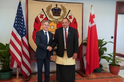 U.S. Secretary of State Antony Blinken shakes hands with Tonga's Prime Minister Hu'akavameiliku Siaosi in Nuku'alofa, Tonga, on Tuesday. 