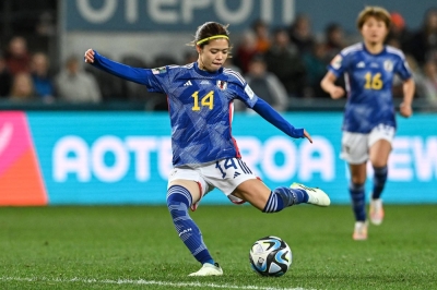 Yui Hasegawa lines up a kick during Japan's match against Costa Rica on Wednesday in Dunedin, New Zealand. 