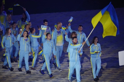 The Ukrainian delegation marches during the opening ceremony of the European Games in Krakow, Poland, on June 21.
