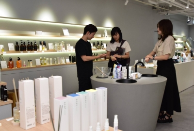 Staff at Youits by My Gakuya, a shop selling gender-free cosmetics that opened in Nagoya’s Sakae shopping district in April