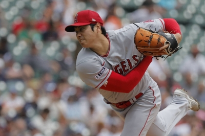 Angels starter Shohei Ohtani pitches against the Tigers in the first game of a doubleheader in Detroit on Thursday.