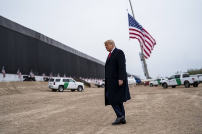 Donald Trump tours construction of the southern border wall near Alamo, Texas, in January 2021. 