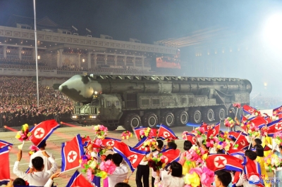 A missile is displayed during a military parade in Pyongyang on Thursday.