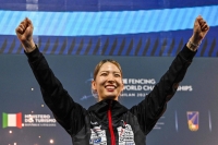 Fencer Misaki Emura celebrates after winning the women's sabre title at the world championships in Milan on Thursday.
 | AFP-JIJI