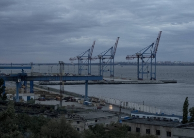 Cranes in the port of Odesa, which has been regularly targeted since Russia terminated a deal allowing grain exports from Ukraine through the Black Sea, on Thursday