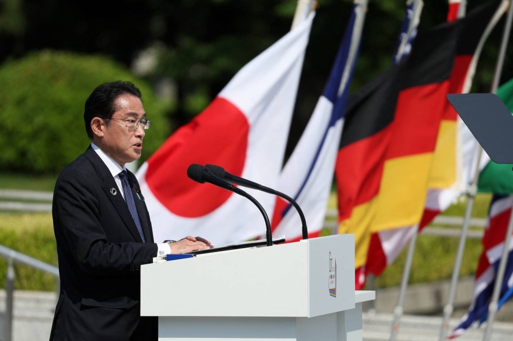 Prime Minister Fumio Kishida gives a speech in Hiroshima's Peace Memorial Park during the Group of Seven summit on May 21.