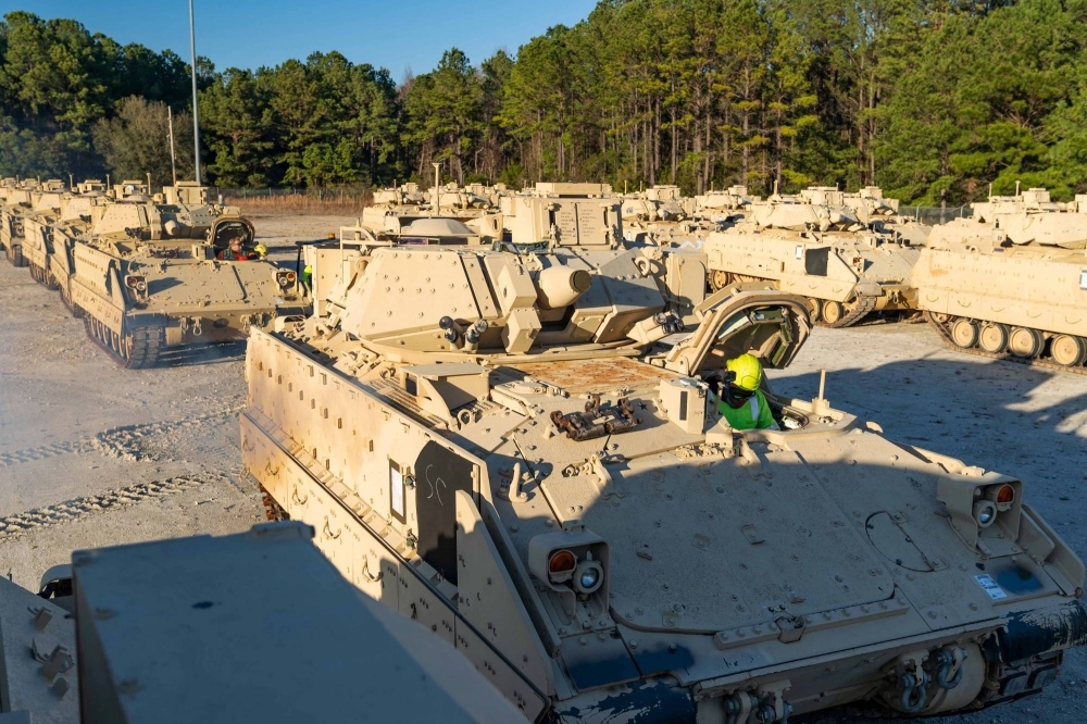 Bradley Fighting Vehicles on Jan. 25 at the Transportation Core Dock in North Charleston, South Carolina, ahead of shipment as part of a U.S. military aid package to Ukraine.