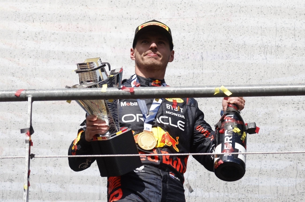 Max Verstappen celebrates after winning the Belgian Grand Prix in Spa-Francorchamps, Spa, Belgium, on Sunday.
