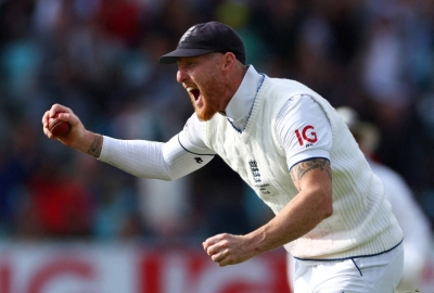 England captain Ben stokes celebrates after catching Australian batter Pat Cummins out during the final Ashes test in London on Monday.