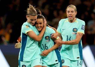 Australia's Hayley Raso (center) celebrates scoring the team's first goal against Canada during a Group B finale at the 2023 FIFA Women's World Cup in Melbourne on Monday.