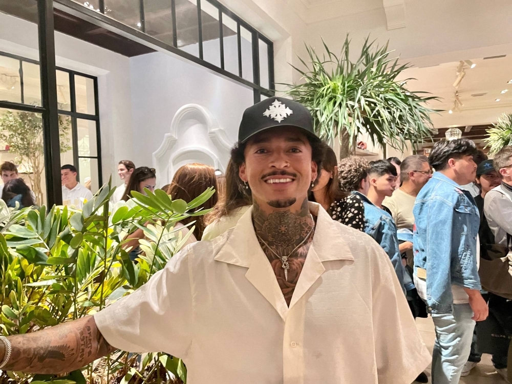 American skateboarder Nyjah Huston, seen at a party in Beverly Hills, California, celebrating the one-year countdown to the Paris Olympics on Wednesday, says he has recovered from an ACL tear he suffered a year ago.