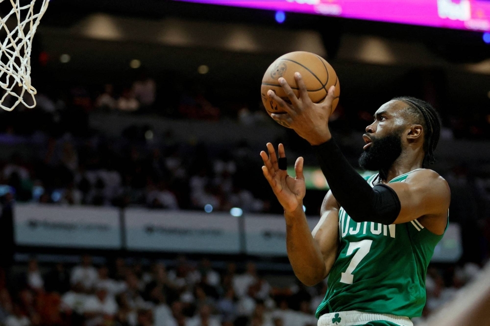 Boston Celtics guard Jaylen Brown takes a shot against the Miami Heat in the third quarter during Game 4 of the Eastern Conference Finals in Miami on May 23.