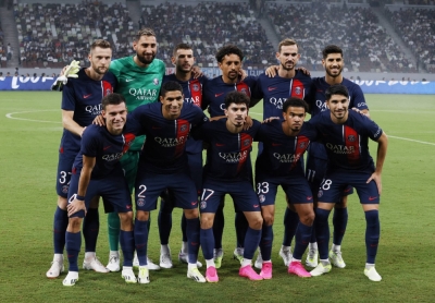 Paris Saint-Germain players line up before the team's club friendly against Inter Milan at Tokyo's National Stadium on Tuesday.