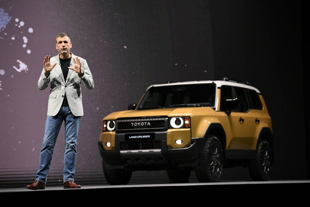Simon Humphries, head of design at Toyota, speaks during the world premier of the new Land Cruiser in Tokyo on Wednesday.
