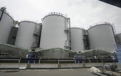 Storage tanks containing treated radioactive water at Tokyo Electric Power Company Holdings' Fukushima No. 1 nuclear power plant in Futaba, Fukuahima Prefecture, on July 21