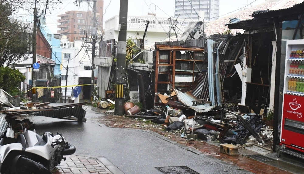 Damage to buildings in Naha, Okinawa, seen on Aug. 3, after Typhoon Khanun passed through the area