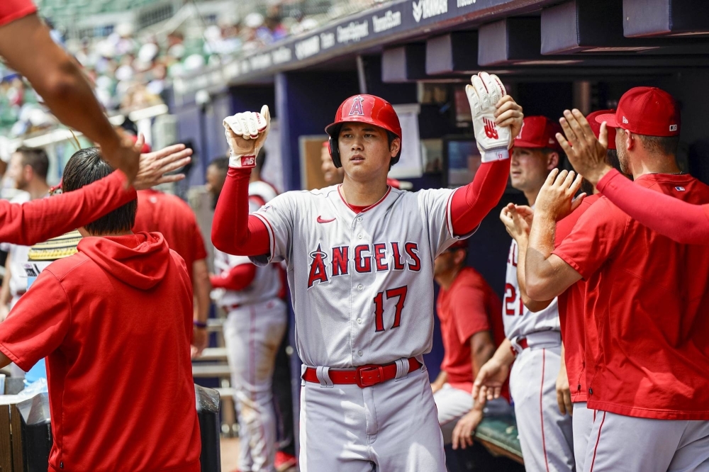 Los Angeles Angels designated hitter Shohei Ohtani after scoring a run against the Atlanta Braves on Wednesday. 
