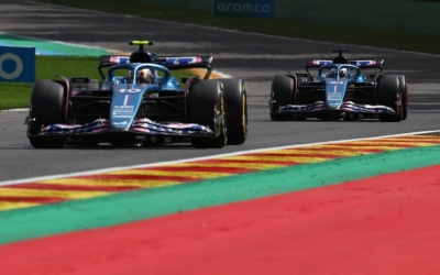 Alpine's Pierre Gasly and his teammate, Esteban Ocon, during the Belgian Grand Prix on Sunday