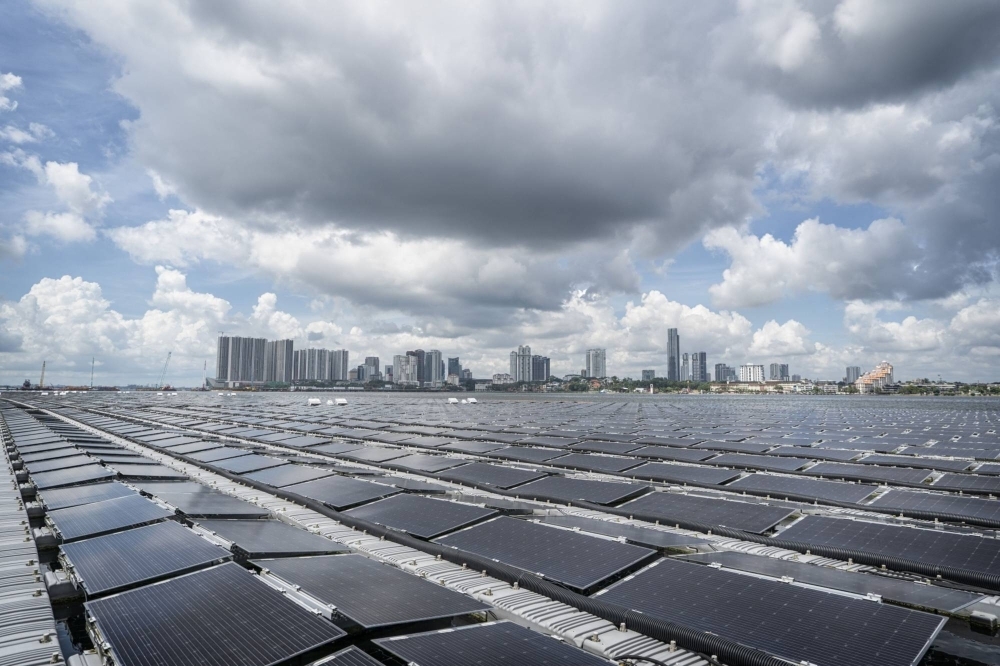 A floating solar farm in the sea off the coast of Singapore