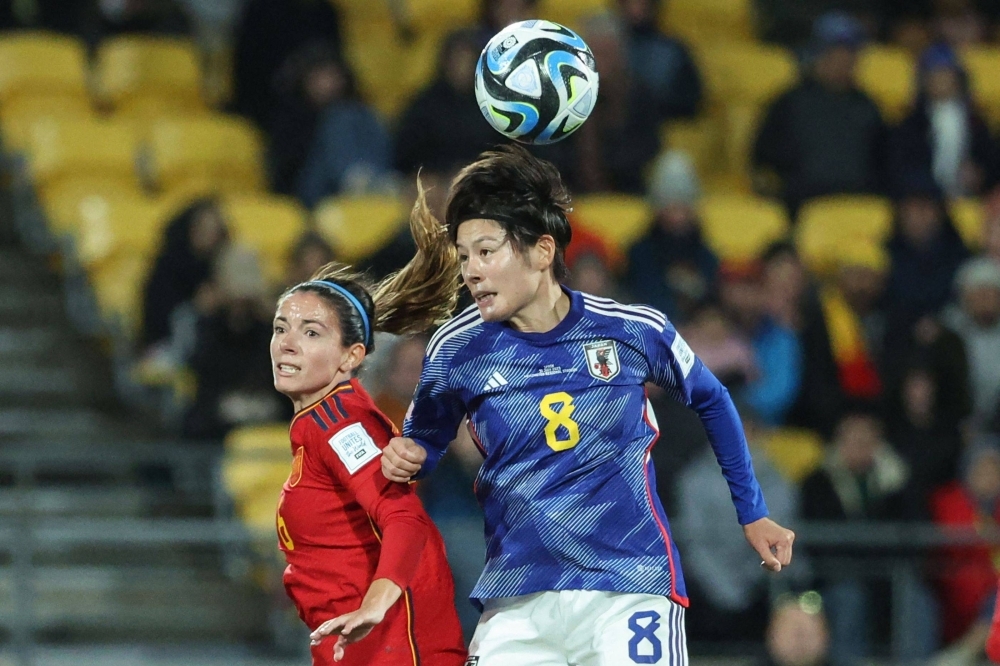 Japan midfielder Hikaru Naomoto (right) and Spain's Aitana Bonmati compete for the ball during their Group C match at the Women's World Cup at Wellington Stadium on July 31.
