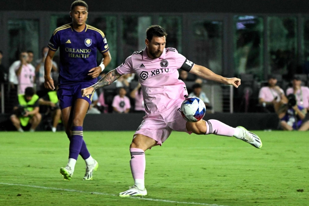 Inter Miami's Lionel Messi scores against Orlando City during the first round of the Leagues Cup in Fort Lauderdale, Florida, on Wednesday.