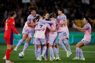 Nadeshiko Japan players celebrate Risa Shimizu's goal in their 2023 FIFA Women's World Cup round-of-16 game against Norway in Wellington on Saturday.