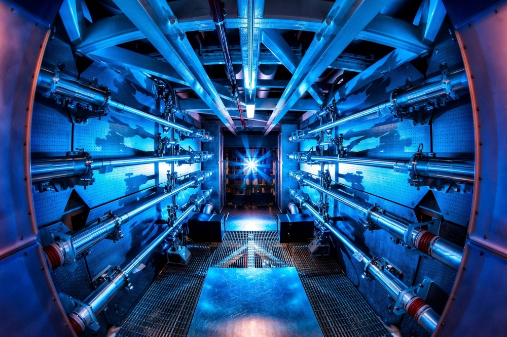 The National Ignition Facility’s preamplifier module increases laser energy as it travels to the Target Chamber in an undated photograph at Lawrence Livermore National Laboratory federal research facility in Livermore, California.