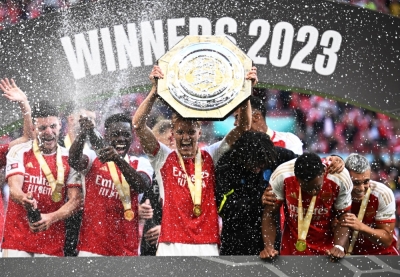 Arsenal celebrates after defeating Manchester City to win the Community Shield at Wembley Stadium in London on Sunday.