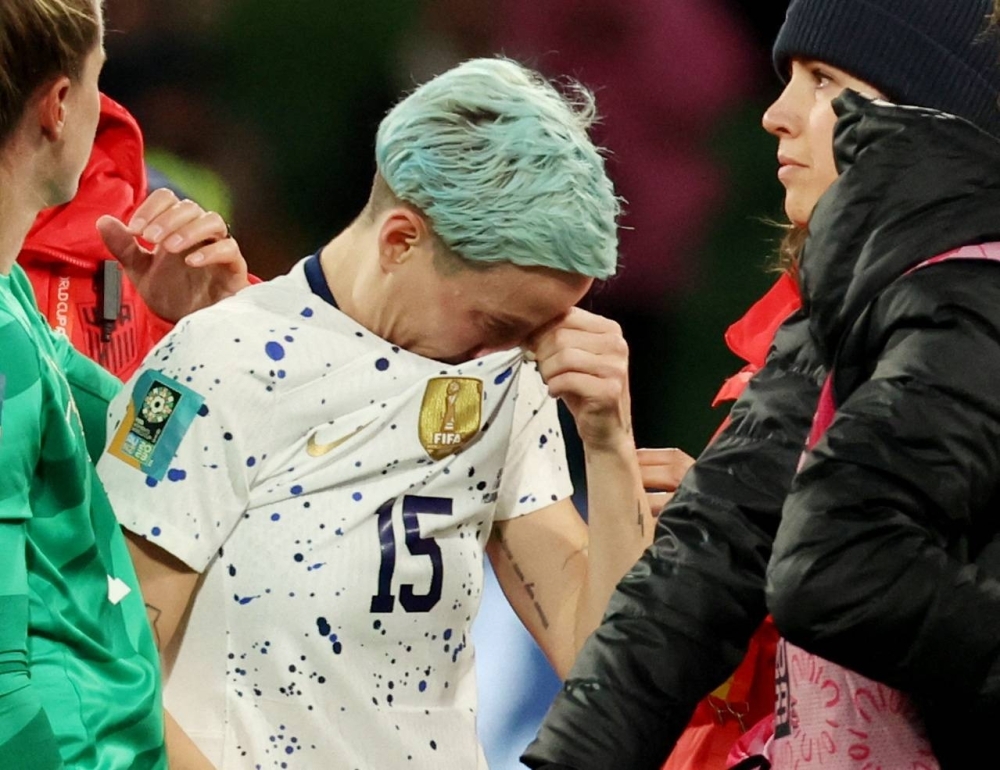 U.S. star Megan Rapinoe reacts after the team's loss against Sweden in the round of 16 at the Women's World Cup in Melbourne on Sunday. Rapinoe is among the U.S. veterans who might have played in the World Cup for the final time.