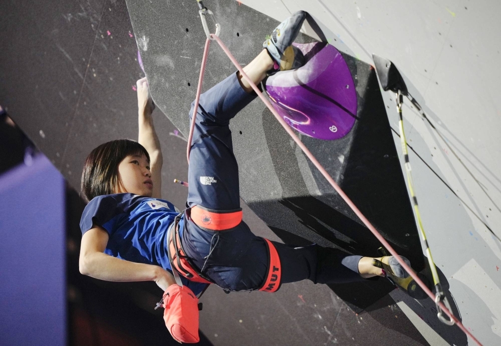 Ai Mori climbs during the final round of the women's lead competition at the world championships in Bern, Switzerland, on Sunday.