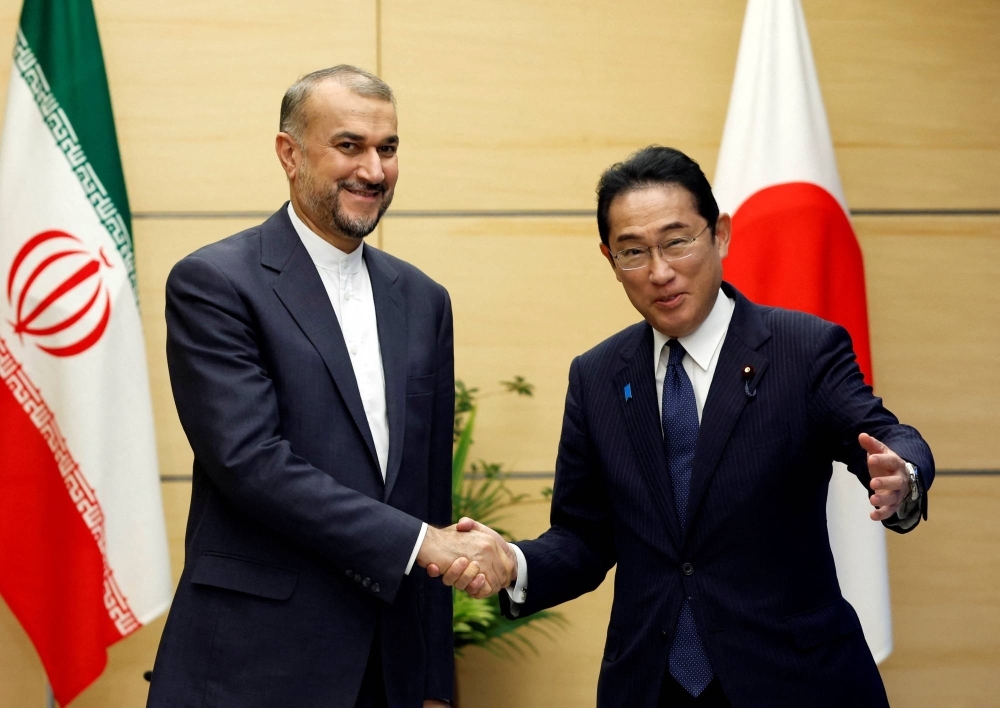 Iranian Foreign Minister Hossein Amirabdollahian meets with Prime Minister Fumio Kishida at Kishida's official residence in Tokyo on Monday