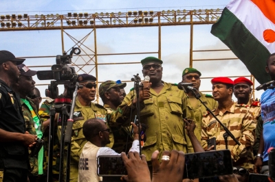 Members of a military council that staged a coup attend a rally at a stadium in Niamey, Niger, on Sunday.