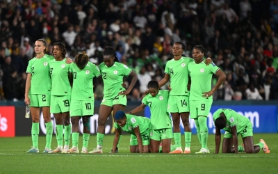 Nigeria's players watch their penalty shootout against England during their 2023 FIFA World Cup round-of-16 game in Brisbane on Monday.