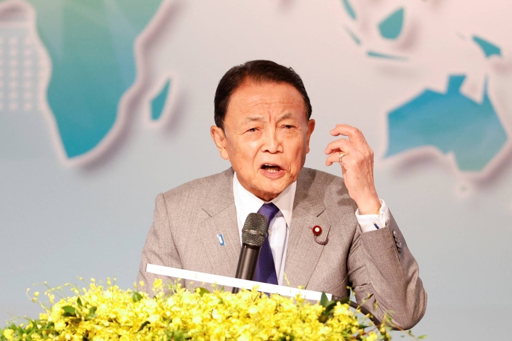 Taro Aso, a former prime minister and current vice president of the ruling Liberal Democratic Party, speaks during the Ketagalan Forum in Taipei on Tuesday.