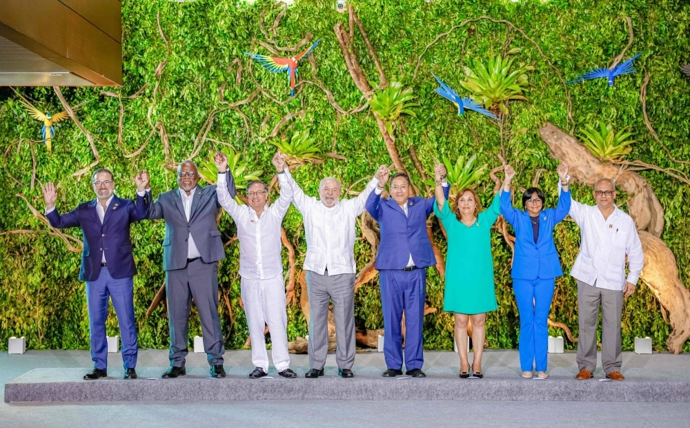 Leaders, vice presidents and foreign ministers from Ecuador, Guyana, Colombia, Brazil, Bolivia, Peru, Venezuela and Suriname pose for a family photo during the Amazon Summit IV Meeting of Presidents of States Parties to the Amazon Cooperation Treaty in Belem, Brazil, on Tuesday.