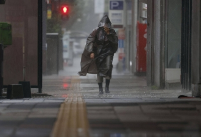 The city of Kagoshima is hit by wind and torrential rain on Wednesday.