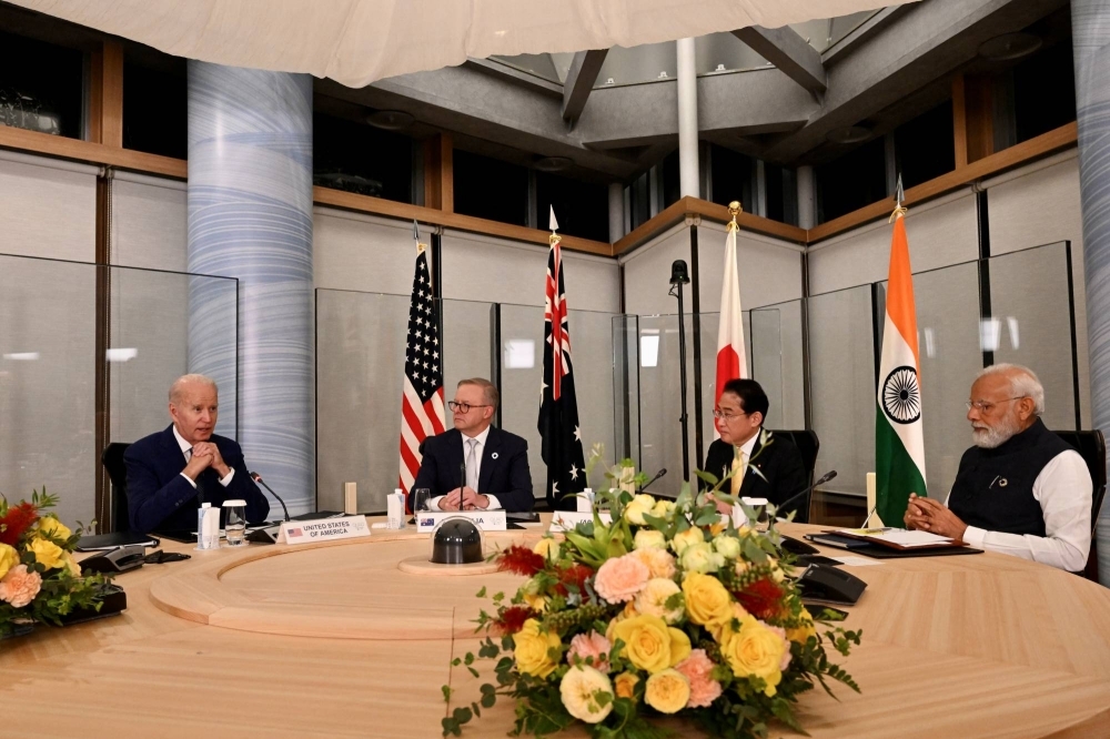 U.S. President Joe Biden (left) participates in a 'Quad' leaders meeting with Prime Minister Fumio Kishida, Indian Prime Minister Narendra Modi (right) and Australian Prime Minister Anthony Albanese (center left), in May in Hiroshima.