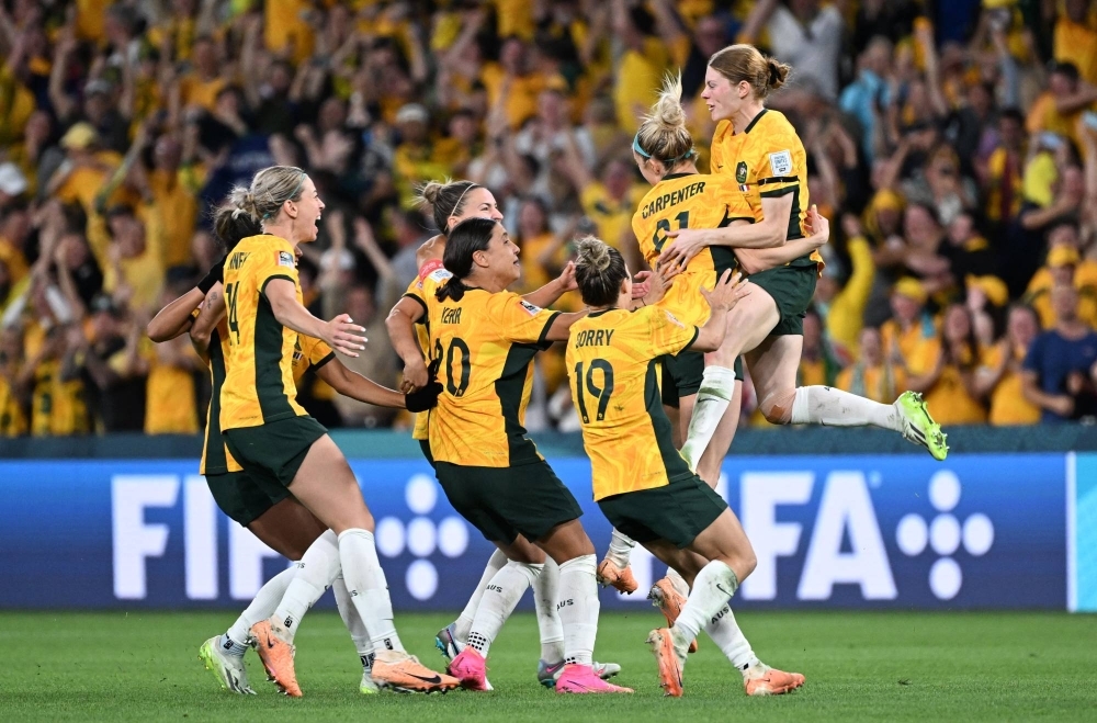 Australia's Matildas celebrate their shootout win over France in the quarterfinals of the 2023 FIFA Women's World Cup in Brisbane on Saturday.
