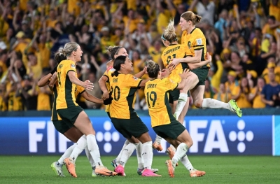 Australia's Matildas celebrate their shootout win over France in the quarterfinals of the 2023 FIFA Women's World Cup in Brisbane on Saturday.