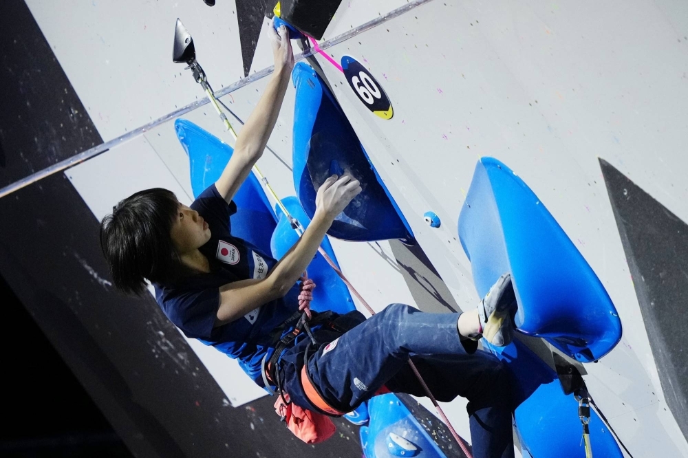 Ai Mori competes in the women's combined final at the world sport climbing championships in Bern, Switzerland, on Friday.