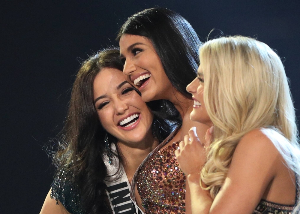 Miss Indonesia Sonia Fergina Citra (left) and other contestants at the Miss Universe pageant in Bangkok in December 2018. 