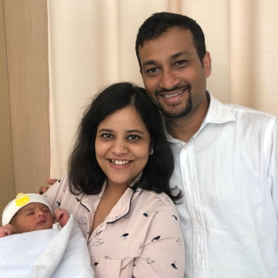 Prachi Gupta (left) after the birth of her first child in 2018