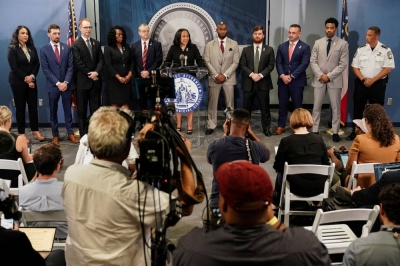 Fulton County District Attorney Fani Willis speaks to the media after a Grand Jury brought back indictments against former president Donald Trump and his allies in their attempt to overturn the state's 2020 election results, in Atlanta on Monday.