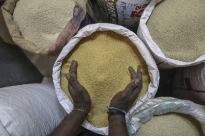 A man scoops up millet from a sack for a photograph at a wholesale market in India. 