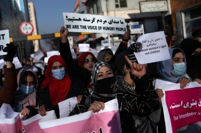 Afghan women during a protest against Taliban restrictions on women's freedom in Kabul in 2021