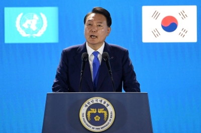South Korean President Yoon Suk-yeol speaks during a ceremony commemorating the 70th Anniversary of the Korean War Armistice Agreement at Busan Cinema Center in Busan, South Korea, on July 27.